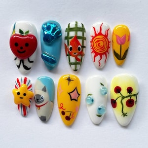 L&#39;été coloré, Freestyle dynamique, tourbillons, appuyez sur les ongles, Art d&#39;ongles fantastique, Ongles personnalisés peints à la main, Ongles réutilisables en amande, Faux ongle drôle