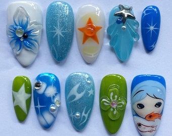 3D Whimsical Press On Nails, Handmade Ocean Inspired Nails with Starfish, Pearls, Summer Beach Vibe False Nails, Holiday/Party Nails.
