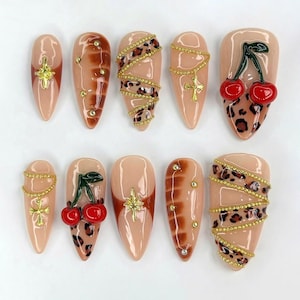 Hand-painted Cheetah Print, Cherry Press On Nails, Almond Nail Set with Tortoise Shell, Gems, Fall Press On Nails, Autumn Nails, Party Nails