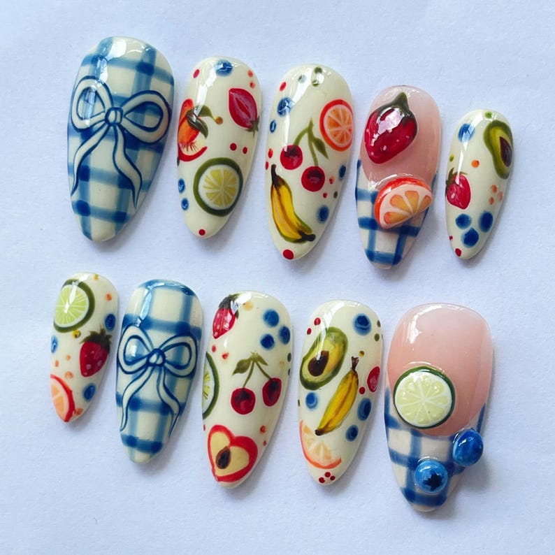 Fruit Press On Nails, Handmade Fake Nails, Summer Nail Art, Kawaii Nail Design, Colorful Nail Tips, Citrus Nail Art, Cute Fake Nails, Tropical Nail Set, Cherry Nail Design, Banana Nail Art, Lemon Fake Nails, Fun Summer Nails, Gift for Nail Lovers, Holiday Nails, Party Nails