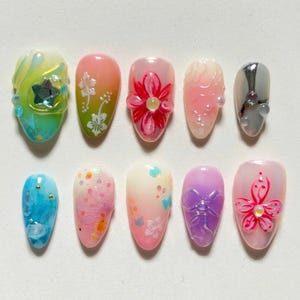 Vibrant Spring Press On Nails with 3D flowers, Star, Dreamy Garden Nail, Gel Nails, Floral Nail, perfect for birthday, vacation, unique gift