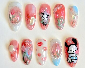 Unique Fantasy Nail Set with Cute Dog, Tulip Flower, Kiss, Romantic Valentine Nails, Pink Nails, Trendy Nails, Lips Nail Art, Gift For Her.