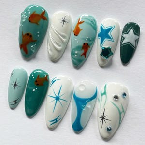press on nails, nail polish, acrylic nail, unique design nail, fake nails, summer nails, koi nails, y2k nails, 3d gel nails, trendy nails, handmade, nail art