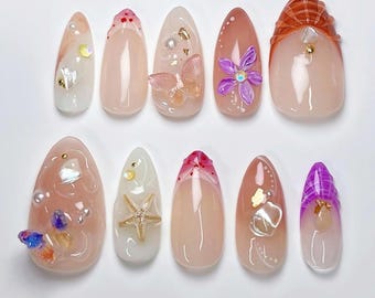 Tropical Summer Press On Nails, Almond Nail Set with Seashell, Starfish, Flower, French Tips Nails, Holiday Nails, Ocean Nails, Beach Nails.