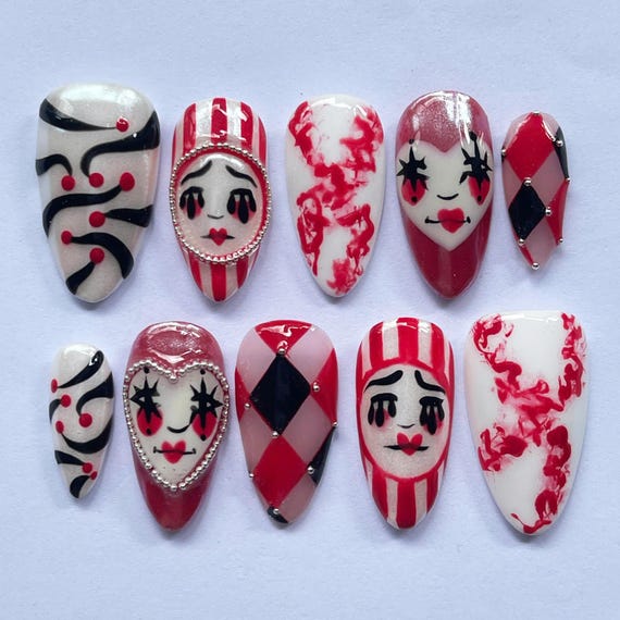 Handmade Halloween Press On Nails, Creepy Clown Harlequin Almond Fake Nail Set, Red Black White Spooky Nail Art for Cosplay & Costume Party.