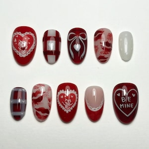 Hand-painted Red Valentine Press On Nails, Baby Tiger Nails,  Short Nail Set with French Tips, 3D Heart, Lips, Unique Nail Art, Plaid Nails