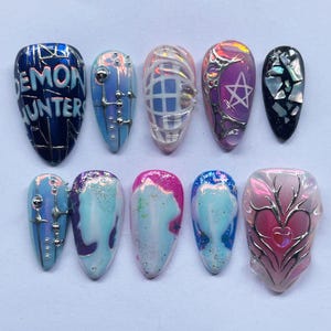 Hand-painted Press On Nails, Galaxy Mystic Nail Art, Demon Hunter Cyberpunk Fake Nails, Fantasy Nail Set, Unique Almond Nails, Gift for Fans