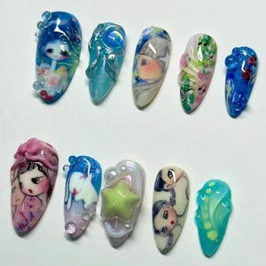Uñas postizas de angelitos hechas a mano, juego de uñas almendradas medianas, uñas de dibujos animados, uñas coloridas, uñas lindas, uñas artísticas, uñas de fantasía, regalo