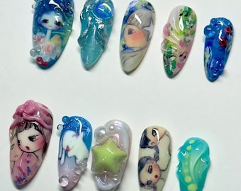 Handcrafted Baby Angels Press On Nails, Medium Almond Nail Set, Cartoon Nail, Colorful Nails, Cute Nail, Artistic Nails, Fantasy Nails, Gift