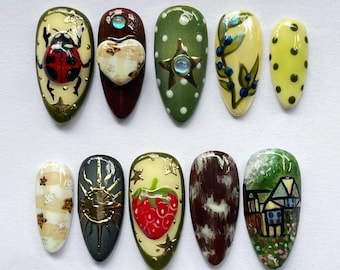 Hand Painted Spring Press On Nails, Unique Almond Nail Set with Cottagecore Strawberry Ladybug, Vintage Nature Nail Art, Gift for Her