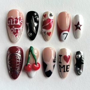 Handmade Party Press On Nails, Almond Nail with Fun Kawaii Cherry, Lip, Star, Y2K Rock Glam Aesthetic, Custom Reusable Nail Art, Casino Nail