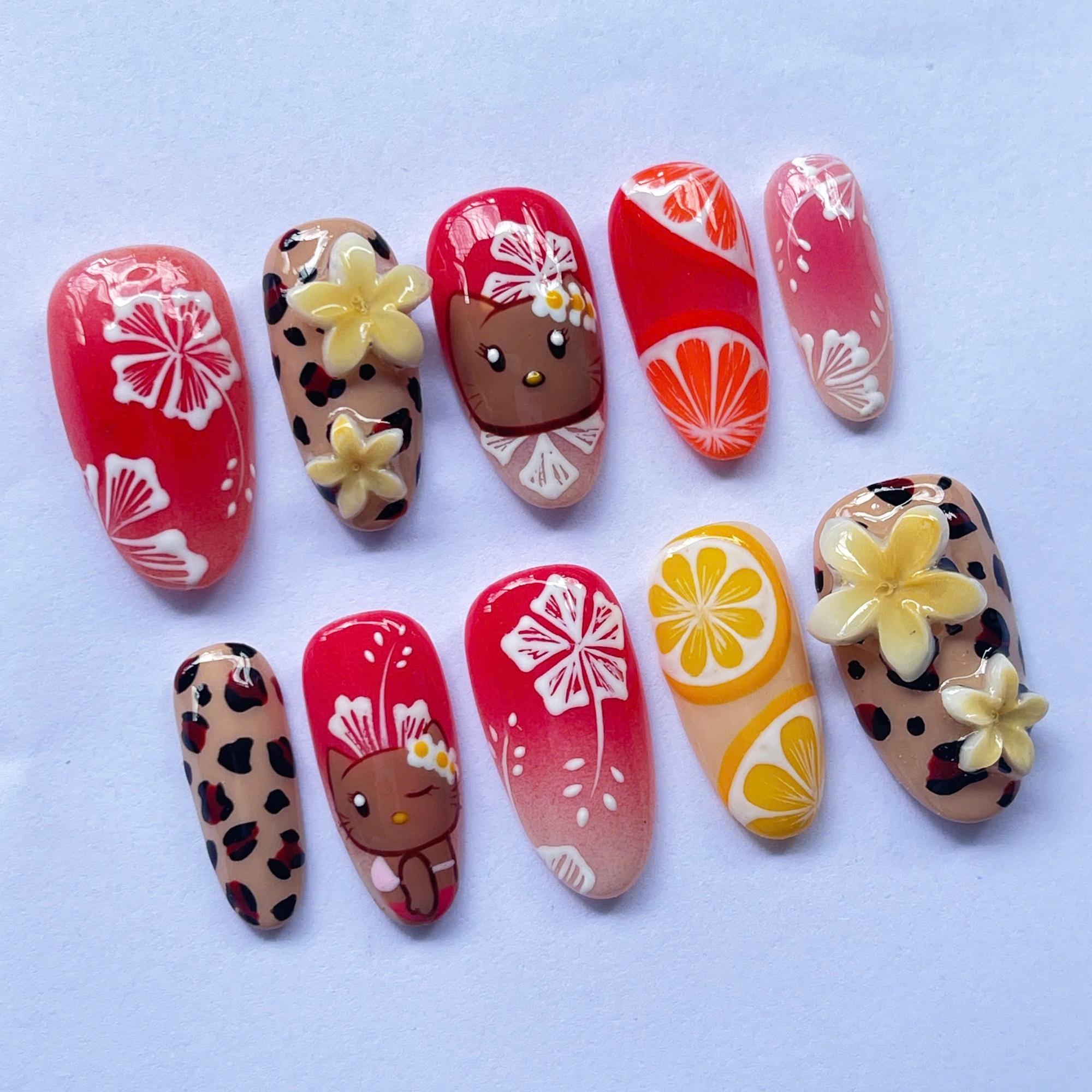 Handmade Fantasy Press on Nails With Hello Kitty, Citrus Fruit