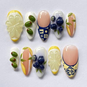 Pode incluir: Um conjunto de dez unhas artificiais com vários designs. Algumas unhas apresentam fatias de limão, azeitonas e mirtilos. Outras têm uma base rosa com padrões azuis e amarelos. As unhas são ovais e têm um acabamento brilhante.