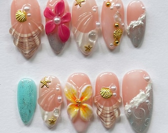 Crystal Beach Nail Art Set, Hand-painted Seashells, Starfish & Tropical Flower Press On Nails, Almond Nails, Ocean Nails, Holiday/Party Nail