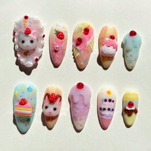 Birthday Party Press On Nails with Fantasy Nails Adorned with Miffy, Cake, Bow, Cute Nails, Romantic Party Nails, Perfect Gift for Love.