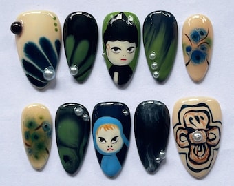 Yoshimoto Nara Press On Nails, Japanese Inspired Nails, Nara Nail Art, Cartoon Nails,  Birthday Nails, Short Almond Nails, Valentines Nails.
