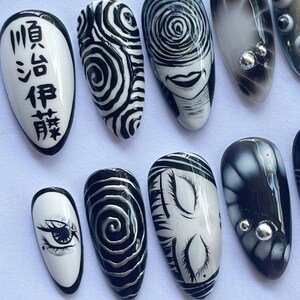 Halloween Press On, Horror Nail Art, Uzumaki Nails, Creepy Fake Nails, Scary Nail Design, Black White Nails, Gothic Press On, Handmade Nails, Anime Nail Art, Spooky Nail Set, Dark Anime Nails, Weird Nail Design, Horror Theme Nails, Cosplay Nails, Clown Nail Set, Holiday Nails, Party Nails