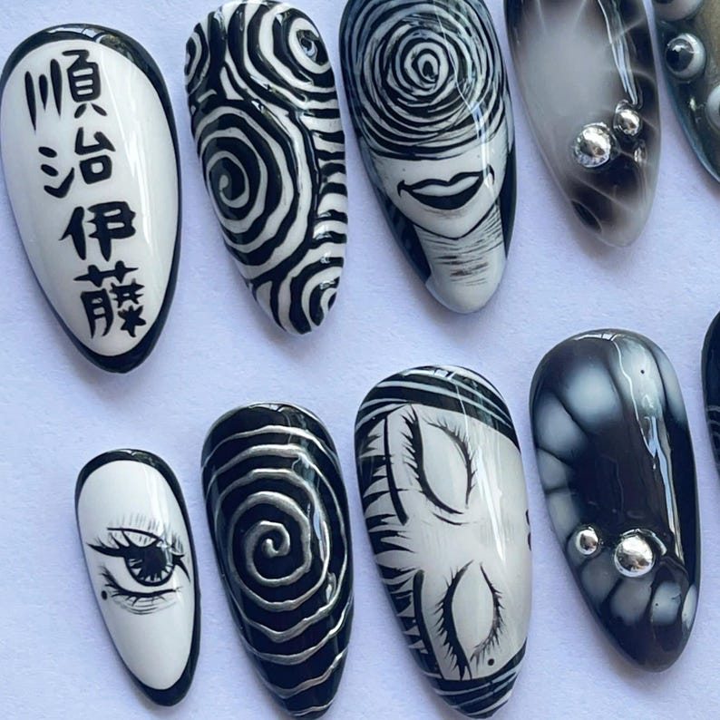 Halloween Press On, Horror Nail Art, Uzumaki Nails, Creepy Fake Nails, Scary Nail Design, Black White Nails, Gothic Press On, Handmade Nails, Anime Nail Art, Spooky Nail Set, Dark Anime Nails, Weird Nail Design, Horror Theme Nails, Cosplay Nails, Clown Nail Set, Holiday Nails, Party Nails