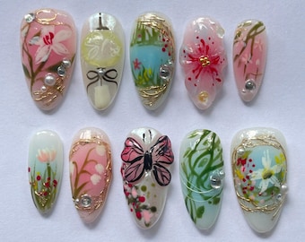 Handmade 3D Floral Butterfly Press On Nails, Elegant Garden-Inspired Nail Art with Pearls, Gems, Kawaii Nails, Fantasy Nails, Gift for Her.