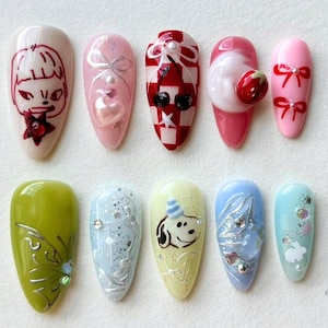 Hand-painted Cartoon Press On Nails, Almond Nail Set with Cute Dog, Custom Nails, Funny Nails, Whimscal Nails, Summer Nails, Fantasy Nails