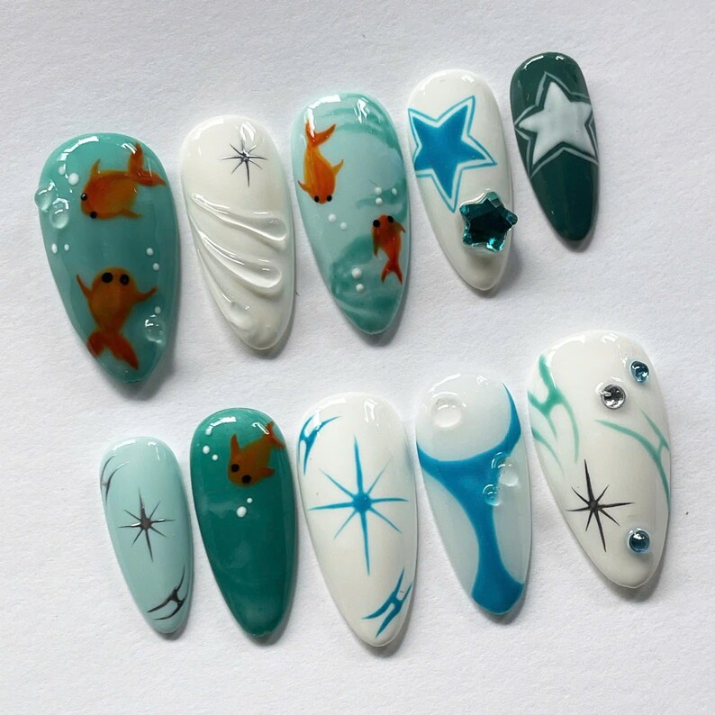 press on nails, nail polish, acrylic nail, unique design nail, fake nails, summer nails, koi nails, y2k nails, 3d gel nails, trendy nails, handmade, nail art