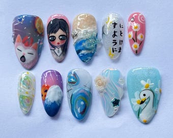 Handmade Anime Press On Nails, Cute Japanese Art Fake Nails with Ocean, Flowers, Cartoon Nail Design for Cosplay, Unique Gift for Fans.