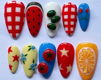 Summer Picnic Fruit Press On Nails, Cute 3D Handmade Fake Nails, Strawberry, Lemon, Tomato, Gingham Nail Art Set, Colorful Almond Nails.