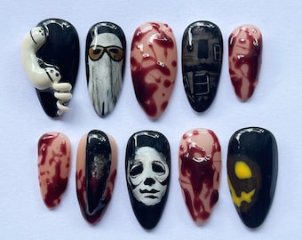 Horror Movie Press On Nails, Michael Myers Hand Painted Halloween Nail Art, Bloody 3D Design for Cosplay & Spooky Gifts, Canival Nails Set.