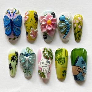 Charming Hand-painted Nail Nrt Press On Nails, Coffin Cartoon Nail Set with Ghibli, 3D Flower, Butterfly, Totoro Nails, Magical Anime Nails