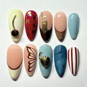Western Cherry Butterfly Press On Nails, Vintage Cowboy Boot Nail Art, Handmade Denim Stripe False Nails for Girls & Women, Party Nails.