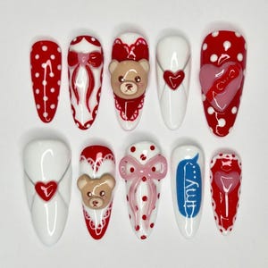 Unique Almond Nail Set with Cute Bear, Valentine Nails, Strawberry Nails, Handmade Press On, 3D Fruit Press On Nails, Spring Nail, Long Nail