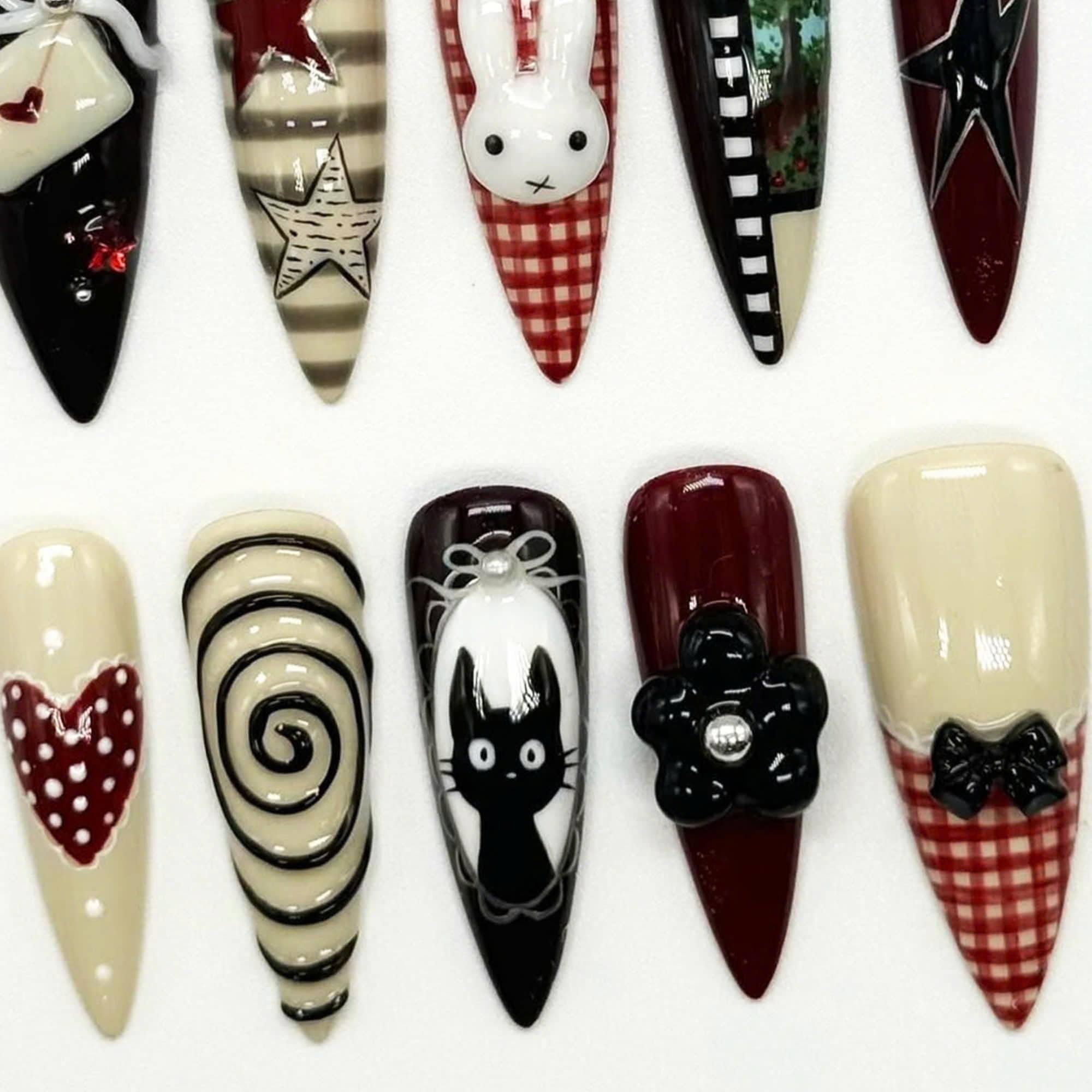 Unique Almond Nail Set With Miffy, Black Stars, Heart, Bow