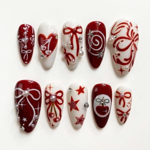 Y2K Style Press On Nails, Chic Red Fake Acrylic Nails, Almond Nail Set with Stars, Bows, Custom Nails, Trendy Nail, Acrylic Fake Nails, Gift