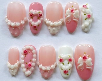 バースデーケーキローズ3Dプレスオンネイル、ハンドメイドアーモンド