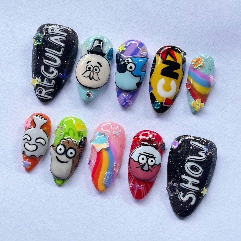 cartoon press on, 3d nail art, handmade nails, anime nail design, colorful false nails, cute cosplay nails, fun nail art, kawaii press on, cartoon nail gift, unique nail art, playful nails, animation nails, handmade gift