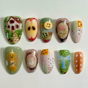 Juego de uñas caprichosas pintadas a mano con Happy Farm, uñas postizas únicas hechas a mano, uñas personalizadas divertidas y creativas, uñas de dibujos animados, uñas de fiesta.