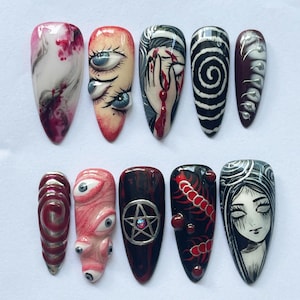Custom Almond Nail Set With Horror Eyes, Blood, Spirals, Unique Halloween Press On Nails, Gothic Art Fake Nail, Spooky Creepy Nail Art, Gift