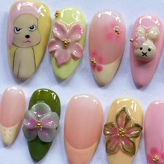 かわいい手作りのプレスオンネイル、3D 桜うさぎネイル、かわいい漫画