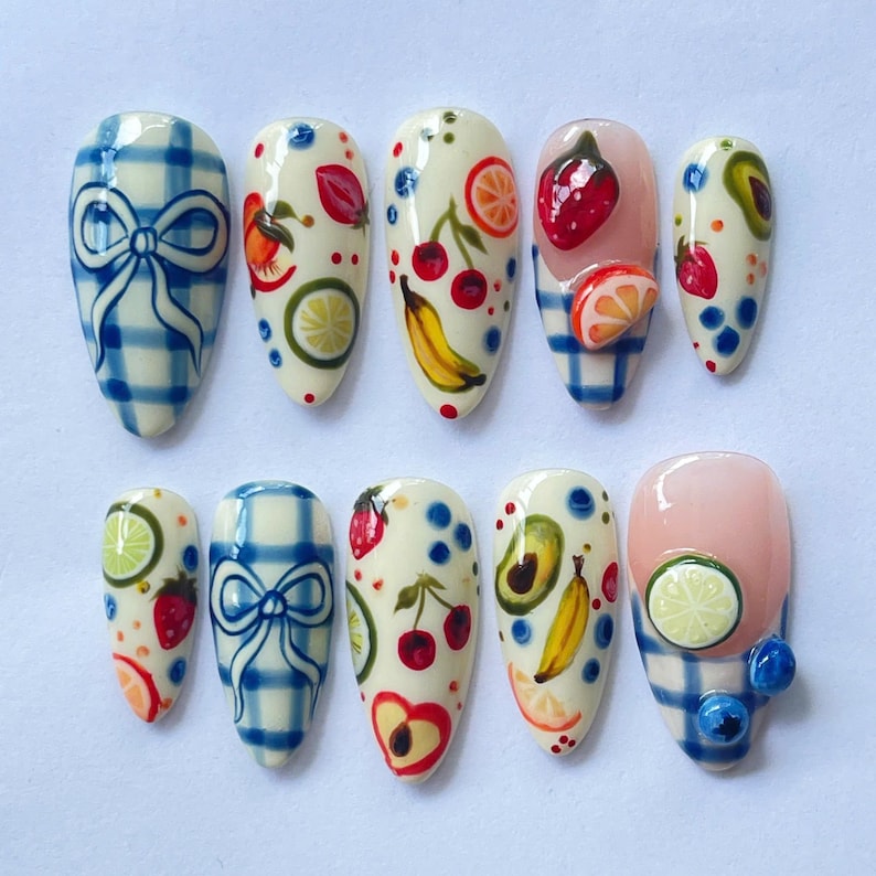 Fruit Press On Nails, Handmade Fake Nails, Summer Nail Art, Kawaii Nail Design, Colorful Nail Tips, Citrus Nail Art, Cute Fake Nails, Tropical Nail Set, Cherry Nail Design, Banana Nail Art, Lemon Fake Nails, Fun Summer Nails, Gift for Nail Lovers, Holiday Nails, Party Nails