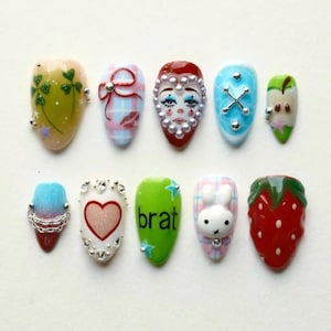Handmade Kawaii Press On Nails, Almond Nail with Y2K Brat Style, 3D Bunny, Strawberry, Heart, Doll Face, Cute Aesthetic Nail Art, Clown Nail