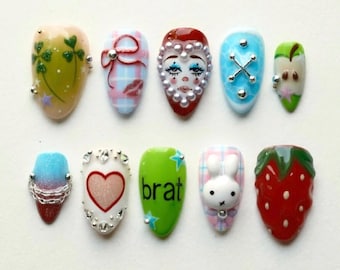Handmade Kawaii Press On Nails, Almond Nail with Y2K Brat Style, 3D Bunny, Strawberry, Heart, Doll Face, Cute Aesthetic Nail Art, Clown Nail