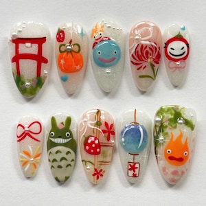 Studio Ghibli Inspired Almond Nail Set, Handmade 3D Press On Nails with Totoro, Calcifer, Spirited Away, Japanese Festival Theme, Party Nail