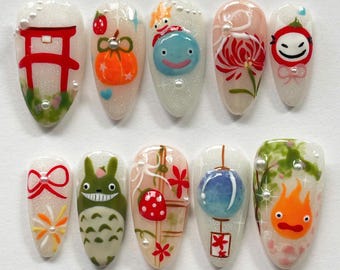 Studio Ghibli Inspiriert Mandel Nagel Set, Handgefertigte 3D Press On Nägel mit Totoro, Calcifer, Chihiros Reise ins Zauberland, Japanisches Festival Thema, Party Nagel