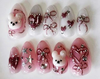 Handmade Cartoon Press On Nails, Almond Nail Set with 3D Miffy, Bow, Heart, Valentine Nail, Cute Nail, Bunny Nail, Kawaii Nail, Fantasy Nail