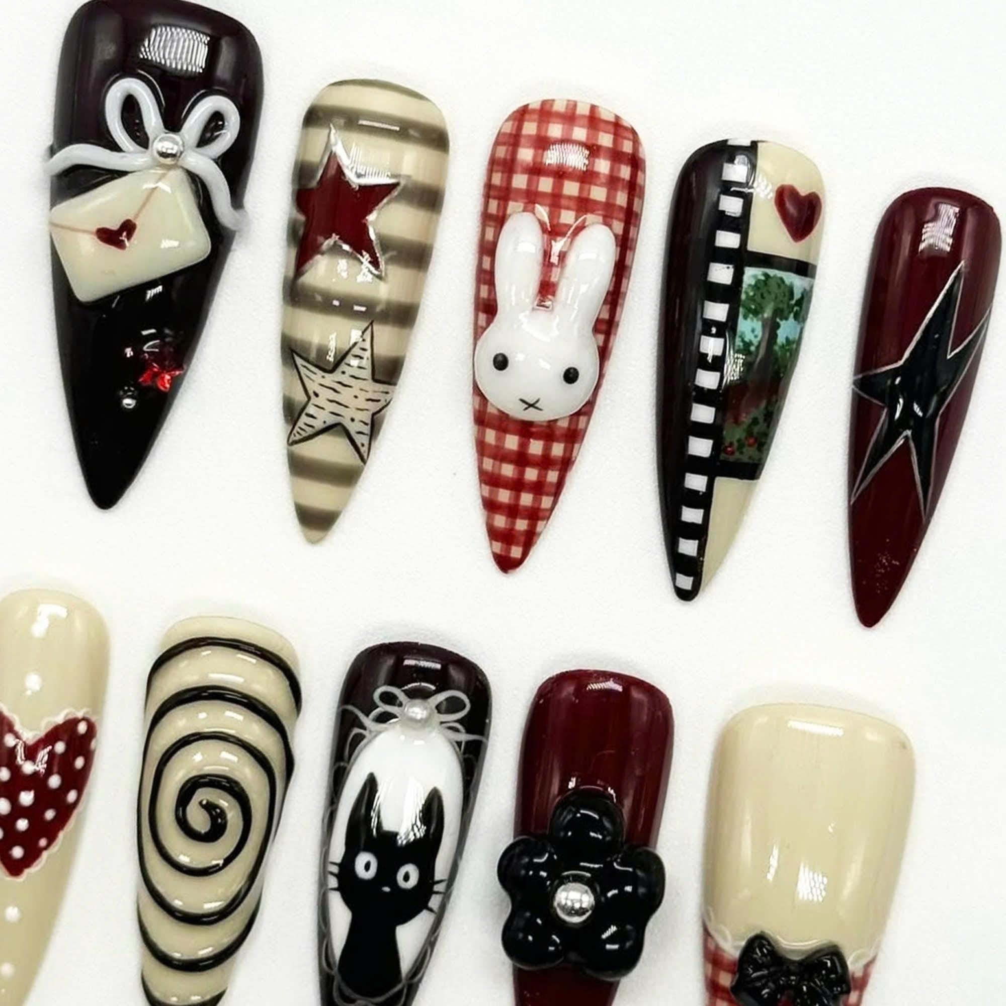 Unique Almond Nail Set With Miffy, Black Stars, Heart, Bow