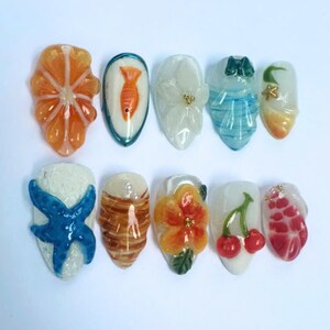 Hand-painted Vibrant Summer Press On Nails, Summer Almond Nail with Fruit, Fish, Flower, Starfish, Seashell, Holiday/Party Nail, Beach Nails