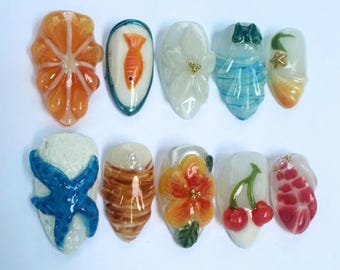 Hand-painted Vibrant Summer Press On Nails, Summer Almond Nail with Fruit, Fish, Flower, Starfish, Seashell, Holiday/Party Nail, Beach Nails
