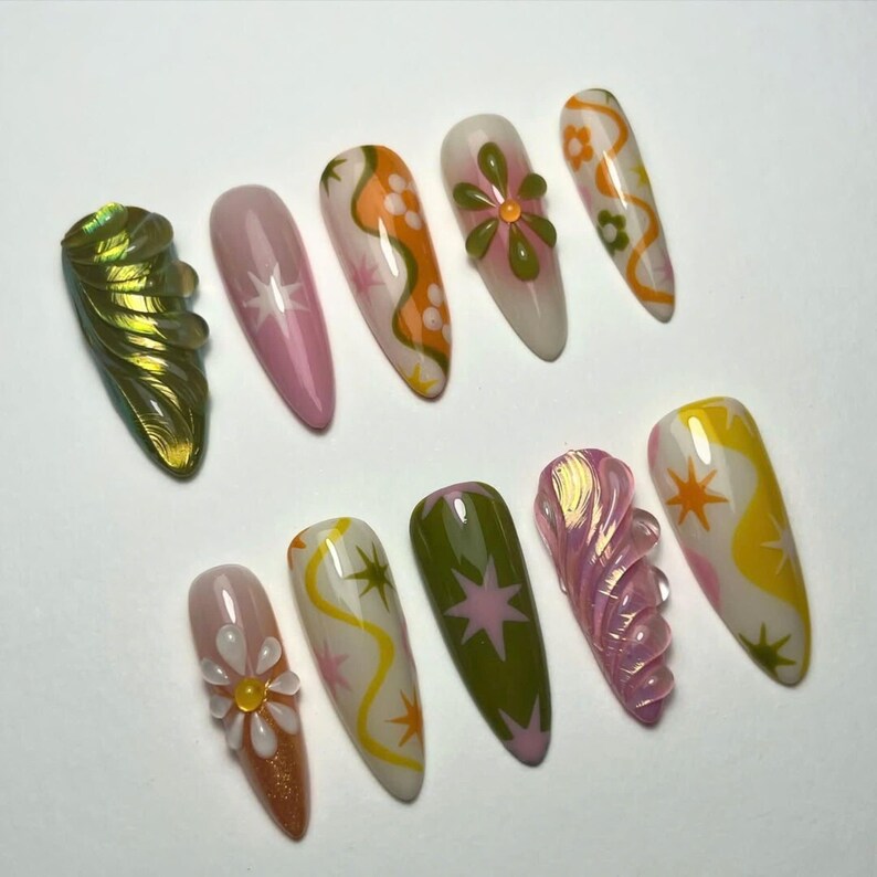 free style nails, butterfly nails, fairycore nails, fairy tail, dreamy nails, wedding nails, long almond nail, press on nails, acrylic press on, 3d gel nail, holiday nails, flower nails, spring nails