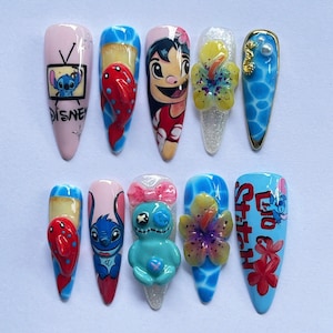 Lilo und Stitch Press On Nails, handgemachte Disney Cartoon Nail Art, süße 3D Acrylnägel, Kawaii künstliche Nägel für Cosplay, Halloween Lange Nägel