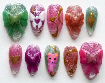 Fairy Wings Press On Nails, Almond Nail Set with Cute Bear, Butterfly, Cute Nails, Funny Nails, Fox Design Nails, Kawaii Nail, Fantasy Nail